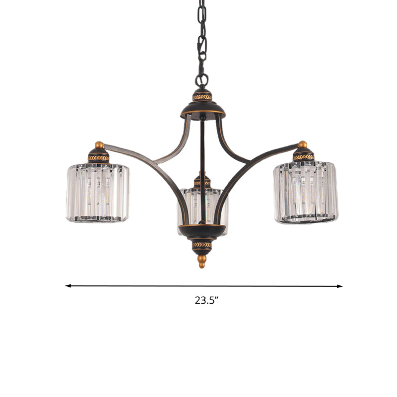 Curved Arm Living Room Chandelier Light Traditional Clear Tri-Sided Crystal Rod 3/5/6 Heads Black Ceiling Light Fixture Clearhalo 'Ceiling Lights' 'Chandeliers' Lighting' options 284610