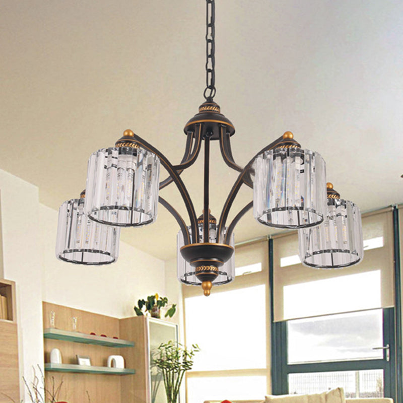 Curved Arm Living Room Chandelier Light Traditional Clear Tri-Sided Crystal Rod 3/5/6 Heads Black Ceiling Light Fixture Clearhalo 'Ceiling Lights' 'Chandeliers' Lighting' options 284611