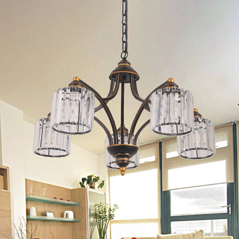 Curved Arm Living Room Chandelier Light Traditional Clear Tri-Sided Crystal Rod 3/5/6 Heads Black Ceiling Light Fixture 5 Clear Clearhalo 'Ceiling Lights' 'Chandeliers' Lighting' options 284611_68e580e0-556c-42ae-af5d-fb378de347b2