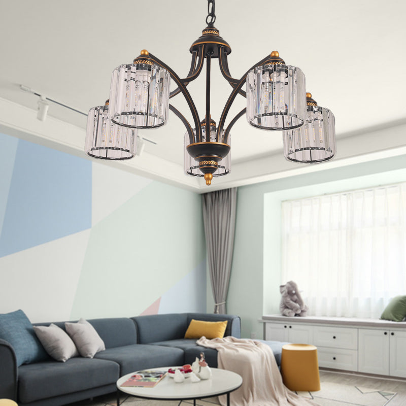 Curved Arm Living Room Chandelier Light Traditional Clear Tri-Sided Crystal Rod 3/5/6 Heads Black Ceiling Light Fixture Clearhalo 'Ceiling Lights' 'Chandeliers' Lighting' options 284612