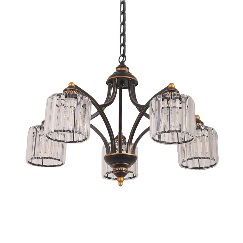 Curved Arm Living Room Chandelier Light Traditional Clear Tri-Sided Crystal Rod 3/5/6 Heads Black Ceiling Light Fixture Clearhalo 'Ceiling Lights' 'Chandeliers' Lighting' options 284613