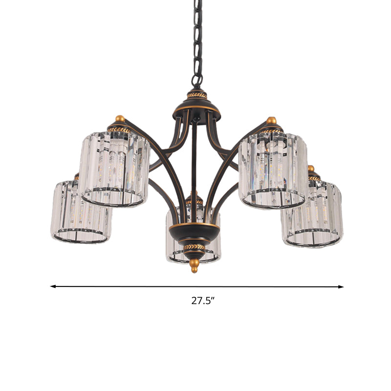 Curved Arm Living Room Chandelier Light Traditional Clear Tri-Sided Crystal Rod 3/5/6 Heads Black Ceiling Light Fixture Clearhalo 'Ceiling Lights' 'Chandeliers' Lighting' options 284614