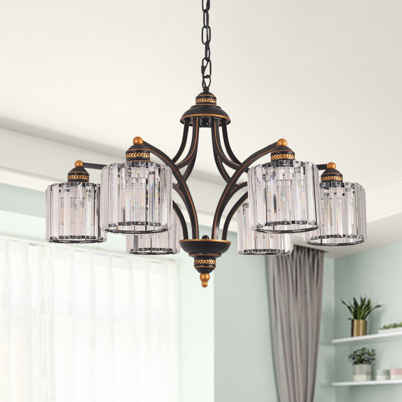 Curved Arm Living Room Chandelier Light Traditional Clear Tri-Sided Crystal Rod 3/5/6 Heads Black Ceiling Light Fixture 6 Clear Clearhalo 'Ceiling Lights' 'Chandeliers' Lighting' options 284615_47ba7131-4c10-4045-b629-563c6c824b80