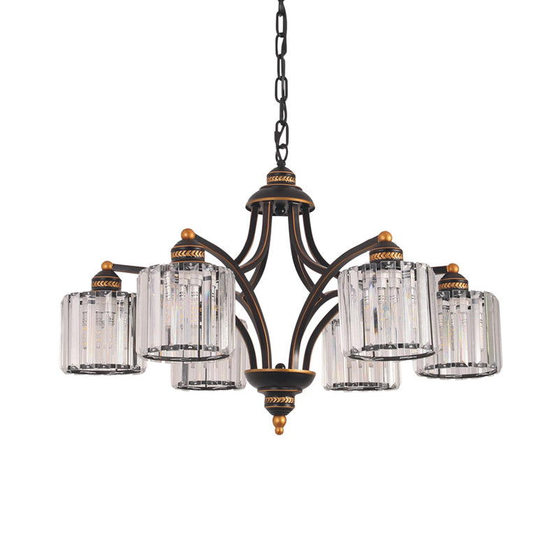 Curved Arm Living Room Chandelier Light Traditional Clear Tri-Sided Crystal Rod 3/5/6 Heads Black Ceiling Light Fixture Clearhalo 'Ceiling Lights' 'Chandeliers' Lighting' options 284617