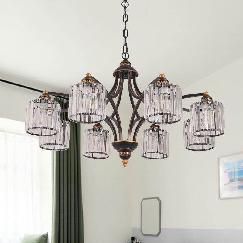 Curved Arm Living Room Chandelier Light Traditional Clear Tri-Sided Crystal Rod 3/5/6 Heads Black Ceiling Light Fixture 8 Clear Clearhalo 'Ceiling Lights' 'Chandeliers' Lighting' options 284619_f4afffca-9d8b-48be-b2c0-b4bde7db2967