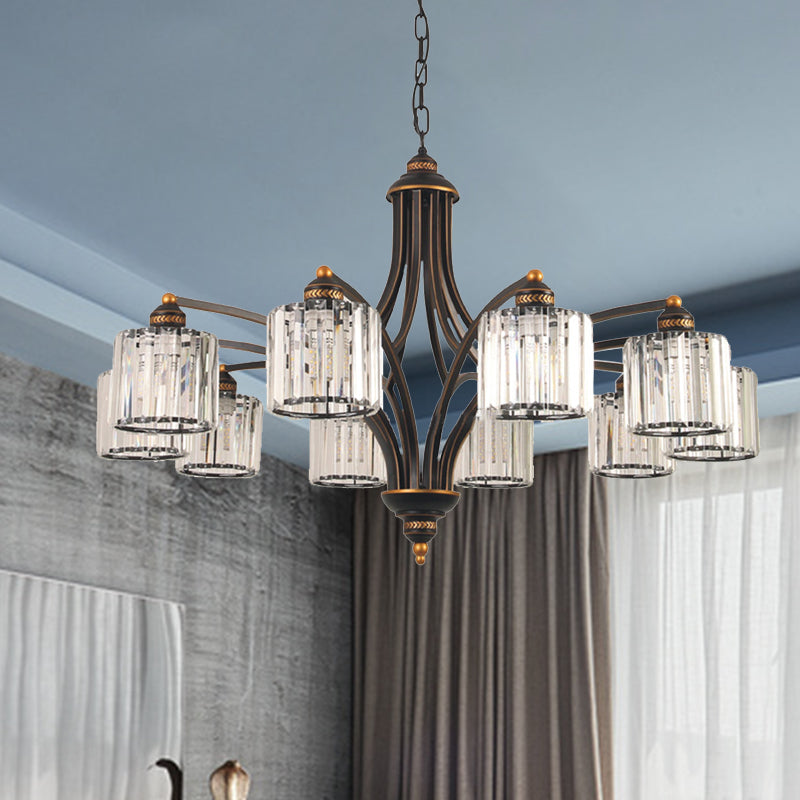 Curved Arm Living Room Chandelier Light Traditional Clear Tri-Sided Crystal Rod 3/5/6 Heads Black Ceiling Light Fixture 10 Clear Clearhalo 'Ceiling Lights' 'Chandeliers' Lighting' options 284623_ac779220-9f54-4527-8f79-385c12adbb4a