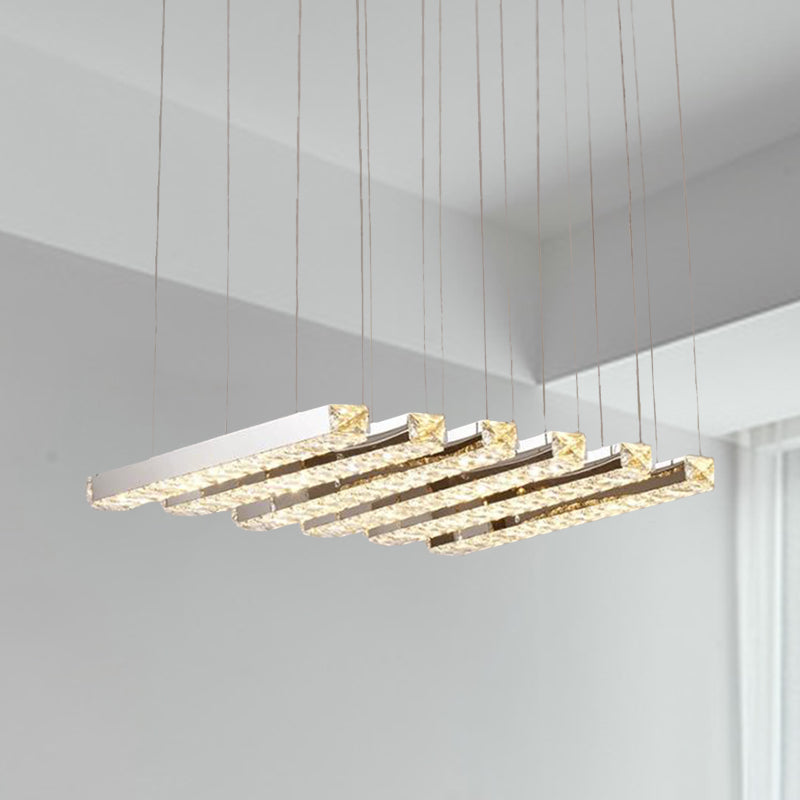 Linear Living Room Ceiling Chandelier Simple Style K9 Crystal 6/9 Heads Silver Hanging Light in Warm/White Light 6 Silver White Clearhalo 'Ceiling Lights' 'Chandeliers' Lighting' options 284641_1df4f5e6-70e1-41cb-8374-9c5c80bb8828