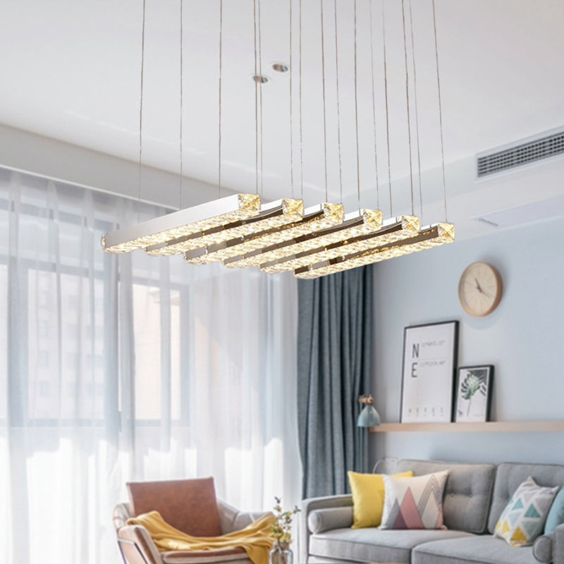Linear Living Room Ceiling Chandelier Simple Style K9 Crystal 6/9 Heads Silver Hanging Light in Warm/White Light Clearhalo 'Ceiling Lights' 'Chandeliers' Lighting' options 284642