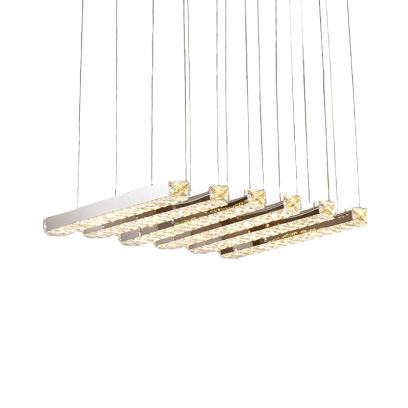 Linear Living Room Ceiling Chandelier Simple Style K9 Crystal 6/9 Heads Silver Hanging Light in Warm/White Light Clearhalo 'Ceiling Lights' 'Chandeliers' Lighting' options 284643