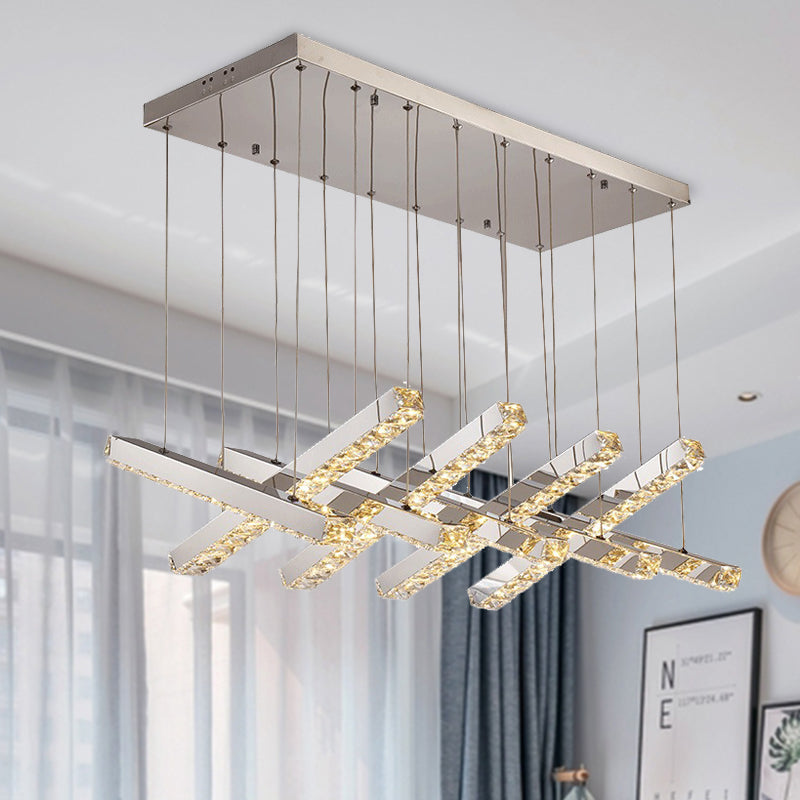 Linear Living Room Ceiling Chandelier Simple Style K9 Crystal 6/9 Heads Silver Hanging Light in Warm/White Light 9 Silver Warm Clearhalo 'Ceiling Lights' 'Chandeliers' Lighting' options 284645_c707936e-b3d1-4117-88f7-3c85d24dbfb2