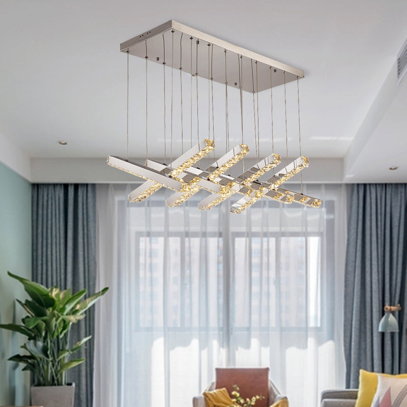 Linear Living Room Ceiling Chandelier Simple Style K9 Crystal 6/9 Heads Silver Hanging Light in Warm/White Light Clearhalo 'Ceiling Lights' 'Chandeliers' Lighting' options 284646