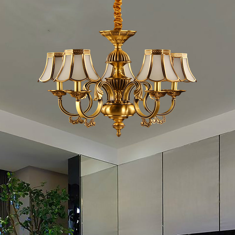 5/6/8 Heads Beige Frosted Glass Pendant Chandelier Colonial Gold Finish Scallope Living Room Suspension Lighting 5 Gold Clearhalo 'Ceiling Lights' 'Chandeliers' 'Glass shade' 'Glass' 'Pendant Lights' Lighting' 284657