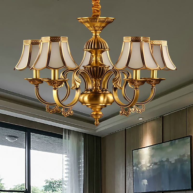 5/6/8 Heads Beige Frosted Glass Pendant Chandelier Colonial Gold Finish Scallope Living Room Suspension Lighting Clearhalo 'Ceiling Lights' 'Chandeliers' 'Glass shade' 'Glass' 'Pendant Lights' Lighting' 284658