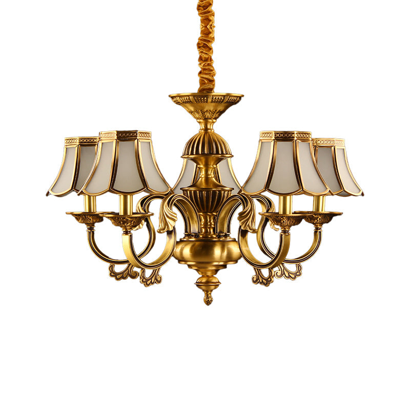 5/6/8 Heads Beige Frosted Glass Pendant Chandelier Colonial Gold Finish Scallope Living Room Suspension Lighting Clearhalo 'Ceiling Lights' 'Chandeliers' 'Glass shade' 'Glass' 'Pendant Lights' Lighting' 284660