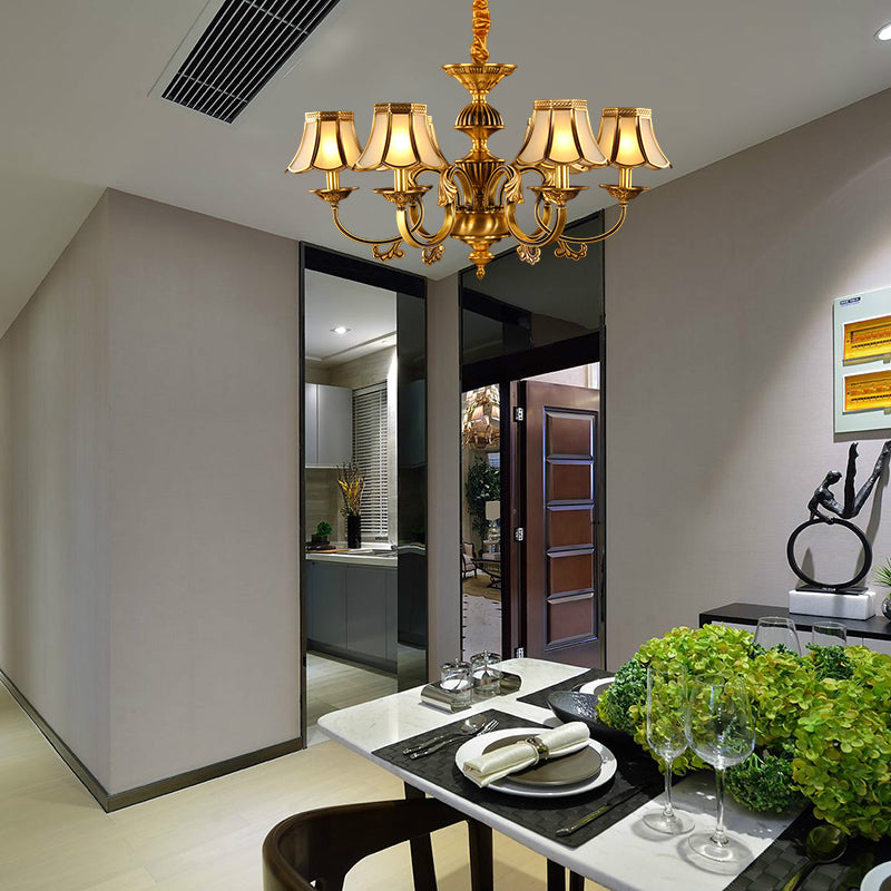 5/6/8 Heads Beige Frosted Glass Pendant Chandelier Colonial Gold Finish Scallope Living Room Suspension Lighting Clearhalo 'Ceiling Lights' 'Chandeliers' 'Glass shade' 'Glass' 'Pendant Lights' Lighting' 284664