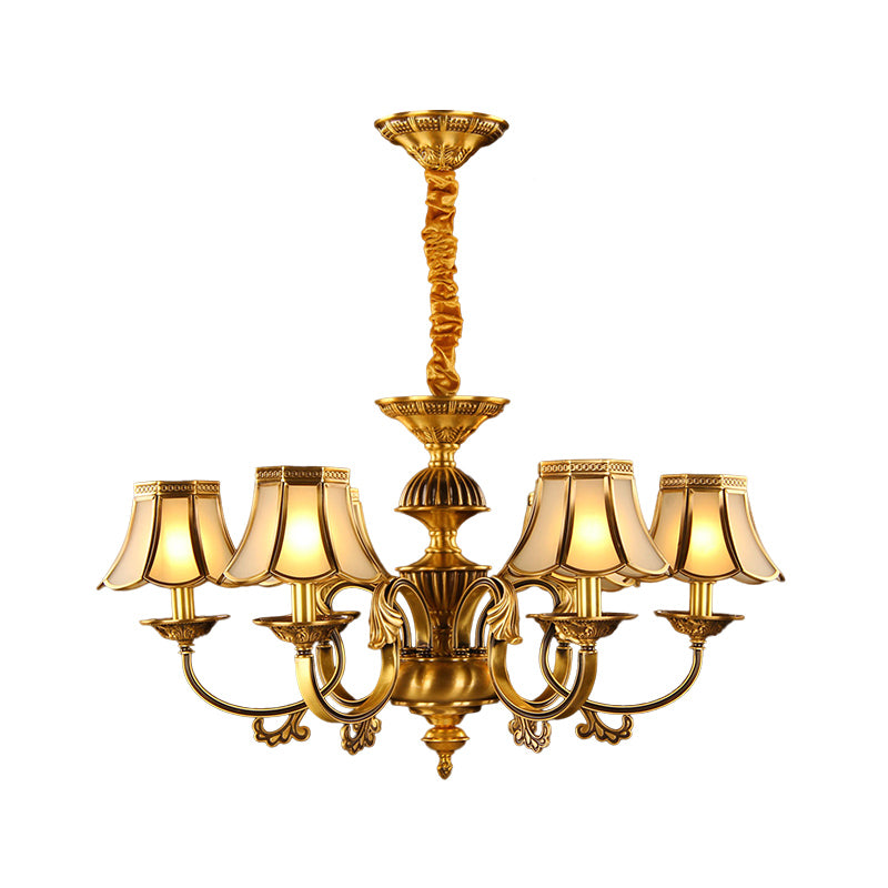 5/6/8 Heads Beige Frosted Glass Pendant Chandelier Colonial Gold Finish Scallope Living Room Suspension Lighting Clearhalo 'Ceiling Lights' 'Chandeliers' 'Glass shade' 'Glass' 'Pendant Lights' Lighting' 284665