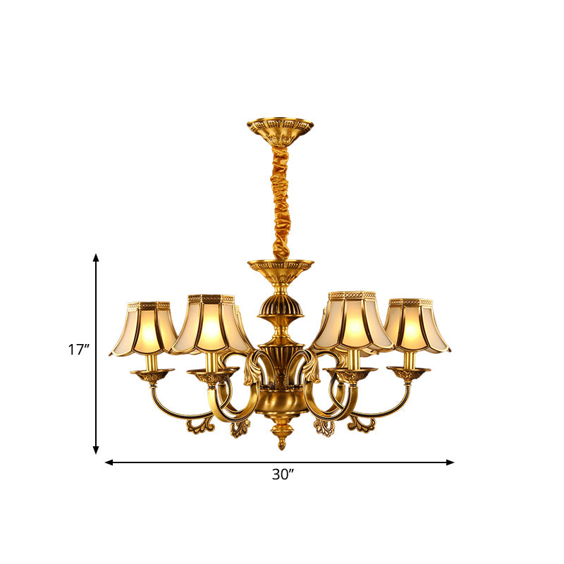 5/6/8 Heads Beige Frosted Glass Pendant Chandelier Colonial Gold Finish Scallope Living Room Suspension Lighting Clearhalo 'Ceiling Lights' 'Chandeliers' 'Glass shade' 'Glass' 'Pendant Lights' Lighting' 284666