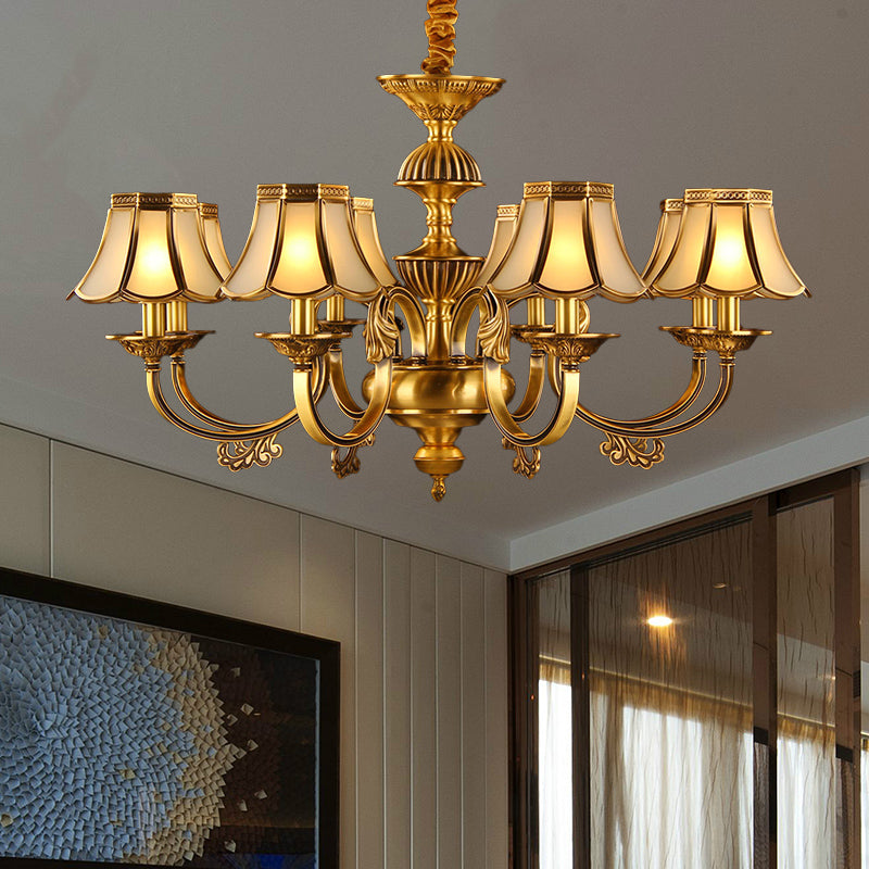 5/6/8 Heads Beige Frosted Glass Pendant Chandelier Colonial Gold Finish Scallope Living Room Suspension Lighting 8 Gold Clearhalo 'Ceiling Lights' 'Chandeliers' 'Glass shade' 'Glass' 'Pendant Lights' Lighting' 284667