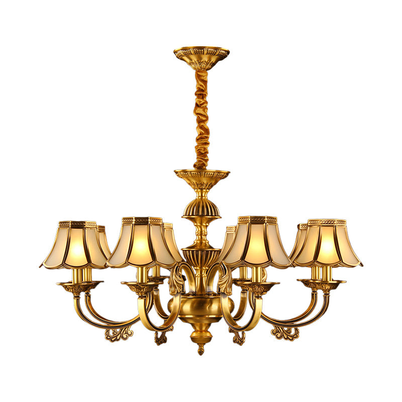 5/6/8 Heads Beige Frosted Glass Pendant Chandelier Colonial Gold Finish Scallope Living Room Suspension Lighting Clearhalo 'Ceiling Lights' 'Chandeliers' 'Glass shade' 'Glass' 'Pendant Lights' Lighting' 284669
