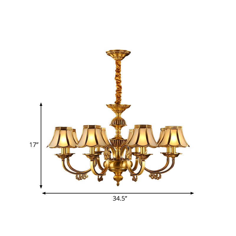 5/6/8 Heads Beige Frosted Glass Pendant Chandelier Colonial Gold Finish Scallope Living Room Suspension Lighting Clearhalo 'Ceiling Lights' 'Chandeliers' 'Glass shade' 'Glass' 'Pendant Lights' Lighting' 284670