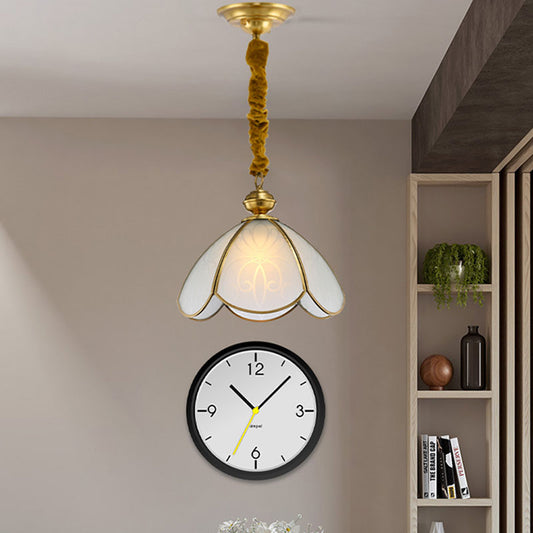 Colonial Flower Hanging Pendant 1 Head Frosted White Glass Suspended Lighting Fixture for Hall White Clearhalo 'Ceiling Lights' 'Chandeliers' 'Glass shade' 'Glass' 'Pendant Lights' 'Pendants' Lighting' 284725