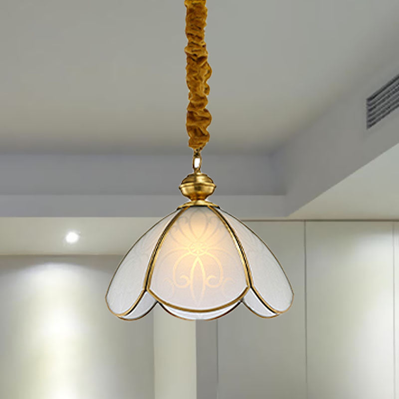 Colonial Flower Hanging Pendant 1 Head Frosted White Glass Suspended Lighting Fixture for Hall Clearhalo 'Ceiling Lights' 'Chandeliers' 'Glass shade' 'Glass' 'Pendant Lights' 'Pendants' Lighting' 284726