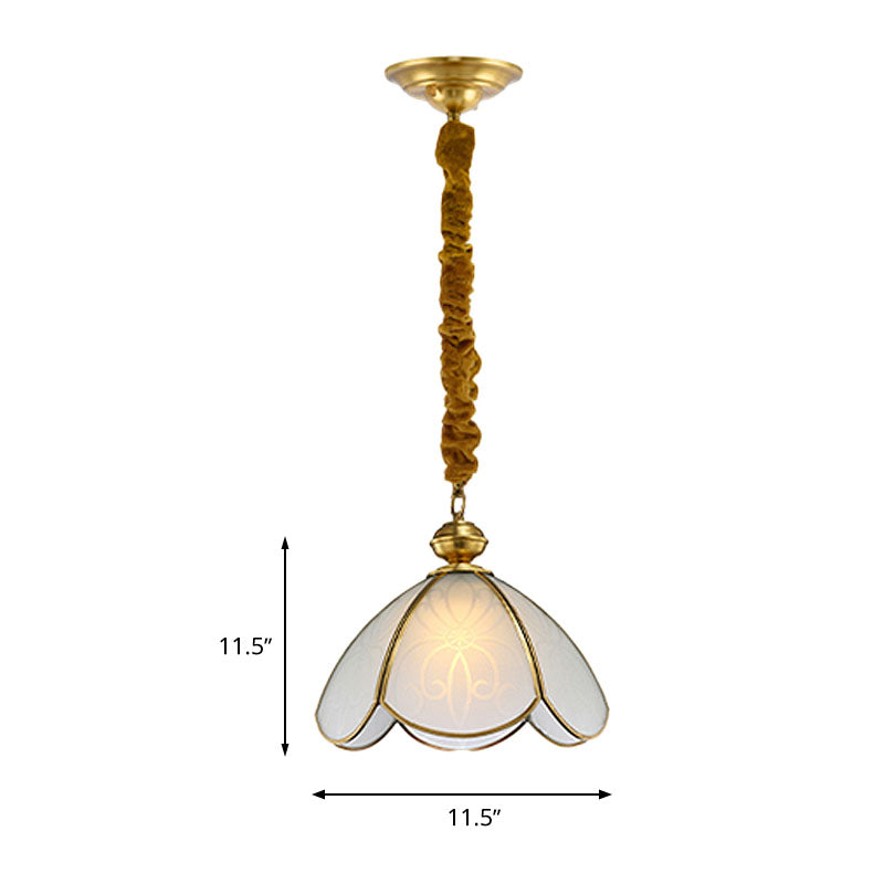 Colonial Flower Hanging Pendant 1 Head Frosted White Glass Suspended Lighting Fixture for Hall Clearhalo 'Ceiling Lights' 'Chandeliers' 'Glass shade' 'Glass' 'Pendant Lights' 'Pendants' Lighting' 284729