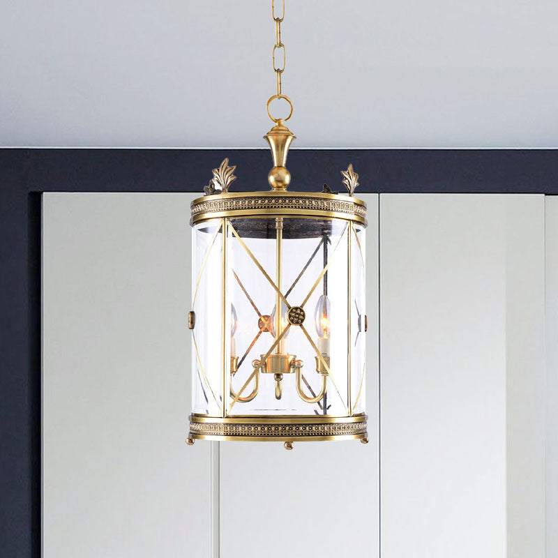 Colonialism Cylindrical Hanging Pendant 3 Heads Clear Glass Chandelier Lighting Fixture in Gold Clearhalo 'Ceiling Lights' 'Chandeliers' 'Glass shade' 'Glass' Lighting' 284767