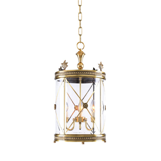 Colonialism Cylindrical Hanging Pendant 3 Heads Clear Glass Chandelier Lighting Fixture in Gold Clearhalo 'Ceiling Lights' 'Chandeliers' 'Glass shade' 'Glass' Lighting' 284769