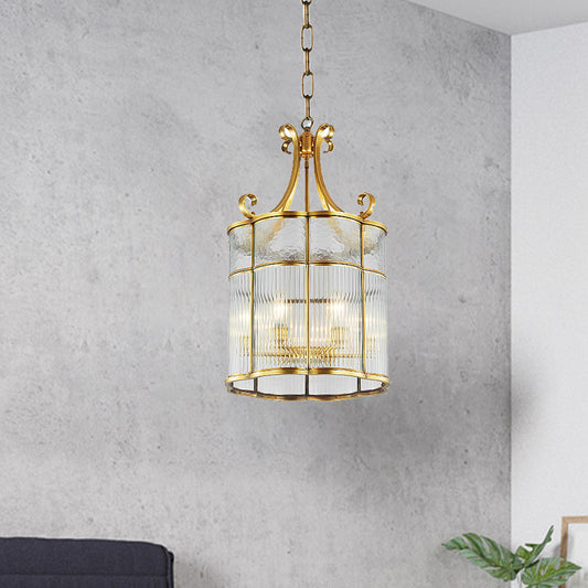 22"/23" H 4 Bulbs Cylinder Pendant Lamp Colonial Gold Clear Prismatic Glass Chandelier Light Fixture for Living Room Gold 23" Clearhalo 'Ceiling Lights' 'Chandeliers' 'Glass shade' 'Glass' Lighting' 284771