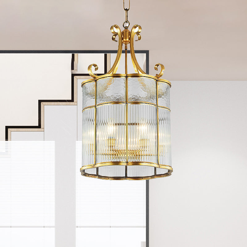 22"/23" H 4 Bulbs Cylinder Pendant Lamp Colonial Gold Clear Prismatic Glass Chandelier Light Fixture for Living Room Clearhalo 'Ceiling Lights' 'Chandeliers' 'Glass shade' 'Glass' Lighting' 284772