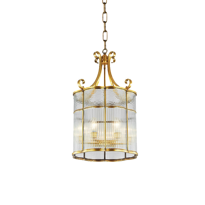 22"/23" H 4 Bulbs Cylinder Pendant Lamp Colonial Gold Clear Prismatic Glass Chandelier Light Fixture for Living Room Clearhalo 'Ceiling Lights' 'Chandeliers' 'Glass shade' 'Glass' Lighting' 284774