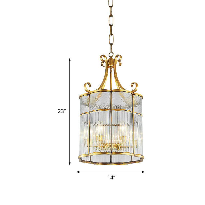 22"/23" H 4 Bulbs Cylinder Pendant Lamp Colonial Gold Clear Prismatic Glass Chandelier Light Fixture for Living Room Clearhalo 'Ceiling Lights' 'Chandeliers' 'Glass shade' 'Glass' Lighting' 284775