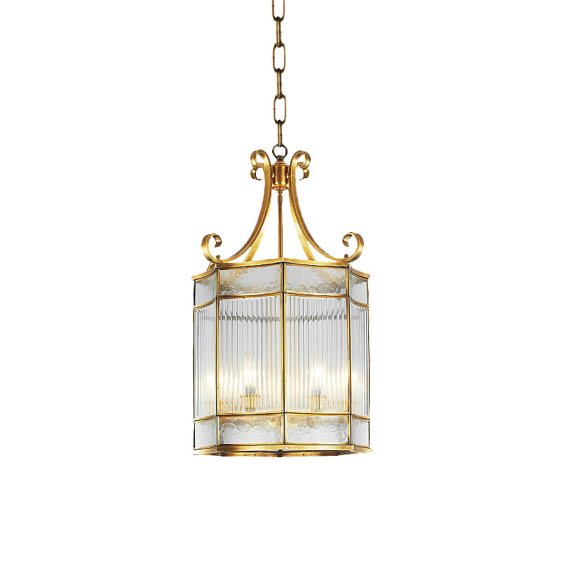 22"/23" H 4 Bulbs Cylinder Pendant Lamp Colonial Gold Clear Prismatic Glass Chandelier Light Fixture for Living Room Clearhalo 'Ceiling Lights' 'Chandeliers' 'Glass shade' 'Glass' Lighting' 284779