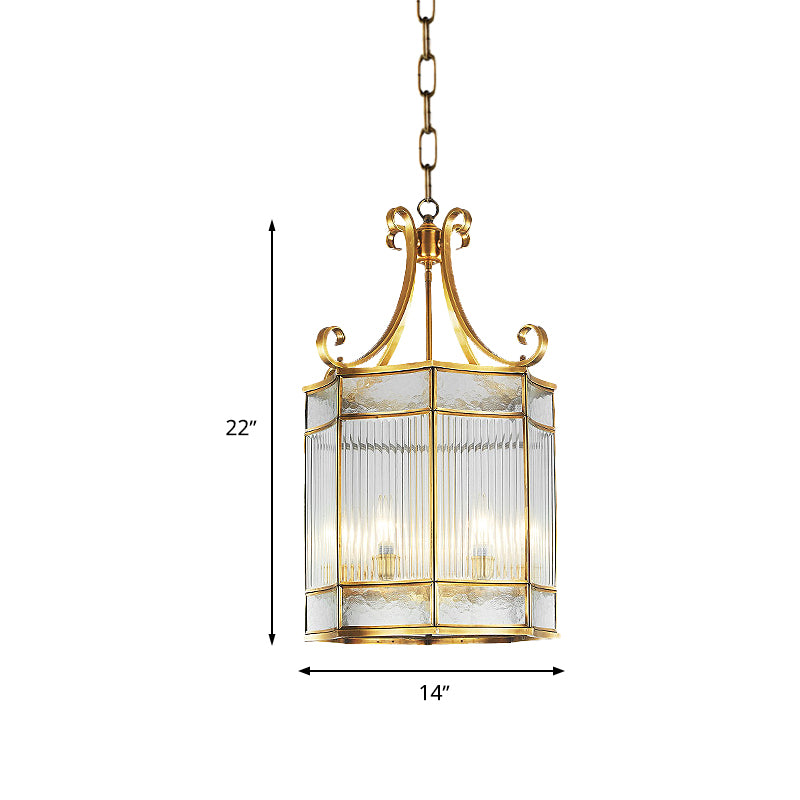22"/23" H 4 Bulbs Cylinder Pendant Lamp Colonial Gold Clear Prismatic Glass Chandelier Light Fixture for Living Room Clearhalo 'Ceiling Lights' 'Chandeliers' 'Glass shade' 'Glass' Lighting' 284780