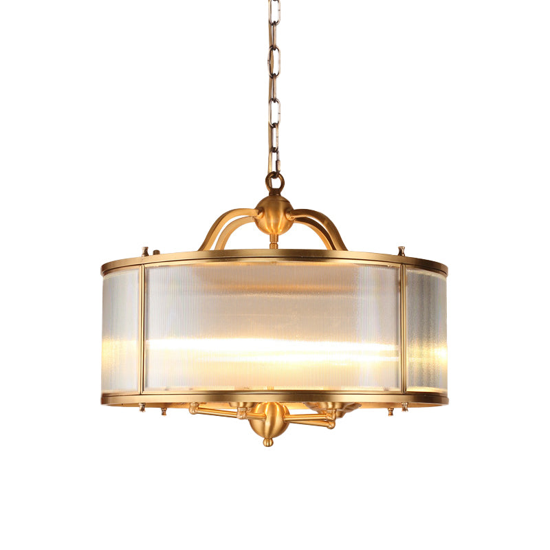 Drum Kitchen Ceiling Chandelier Colonial Frosted Ribbed Glass 4/5 Heads Gold Hanging Light Fixture Clearhalo 'Ceiling Lights' 'Chandeliers' 'Glass shade' 'Glass' Lighting' 284784