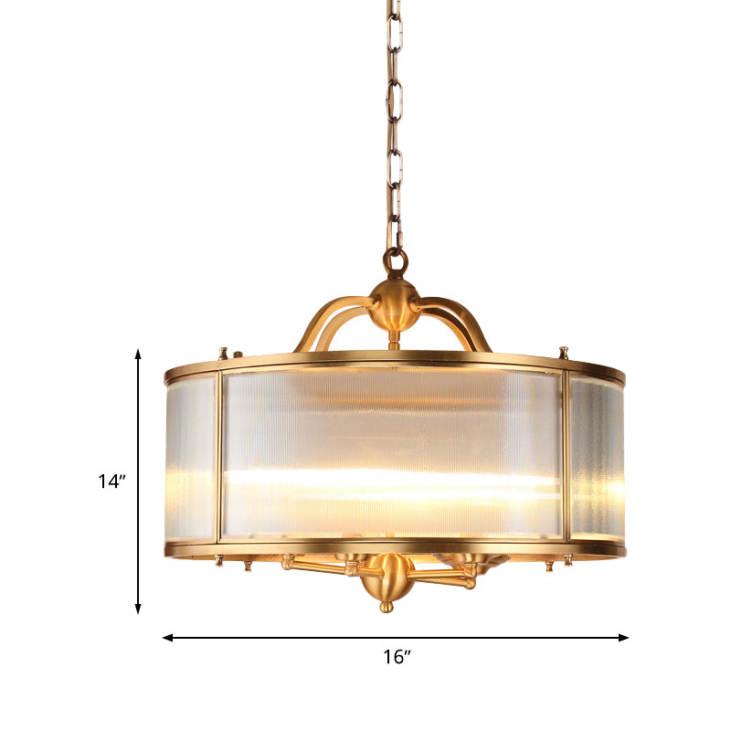 Drum Kitchen Ceiling Chandelier Colonial Frosted Ribbed Glass 4/5 Heads Gold Hanging Light Fixture Clearhalo 'Ceiling Lights' 'Chandeliers' 'Glass shade' 'Glass' Lighting' 284785