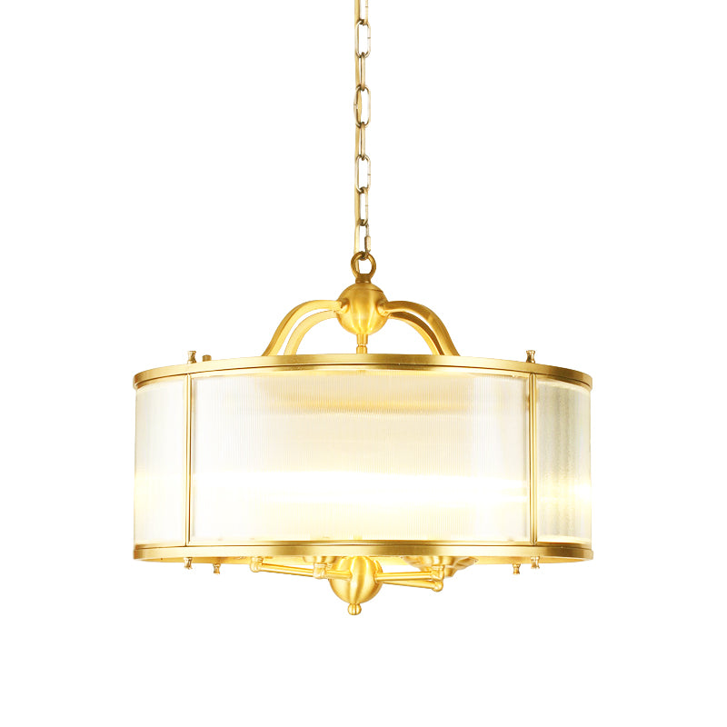 Drum Kitchen Ceiling Chandelier Colonial Frosted Ribbed Glass 4/5 Heads Gold Hanging Light Fixture Clearhalo 'Ceiling Lights' 'Chandeliers' 'Glass shade' 'Glass' Lighting' 284789