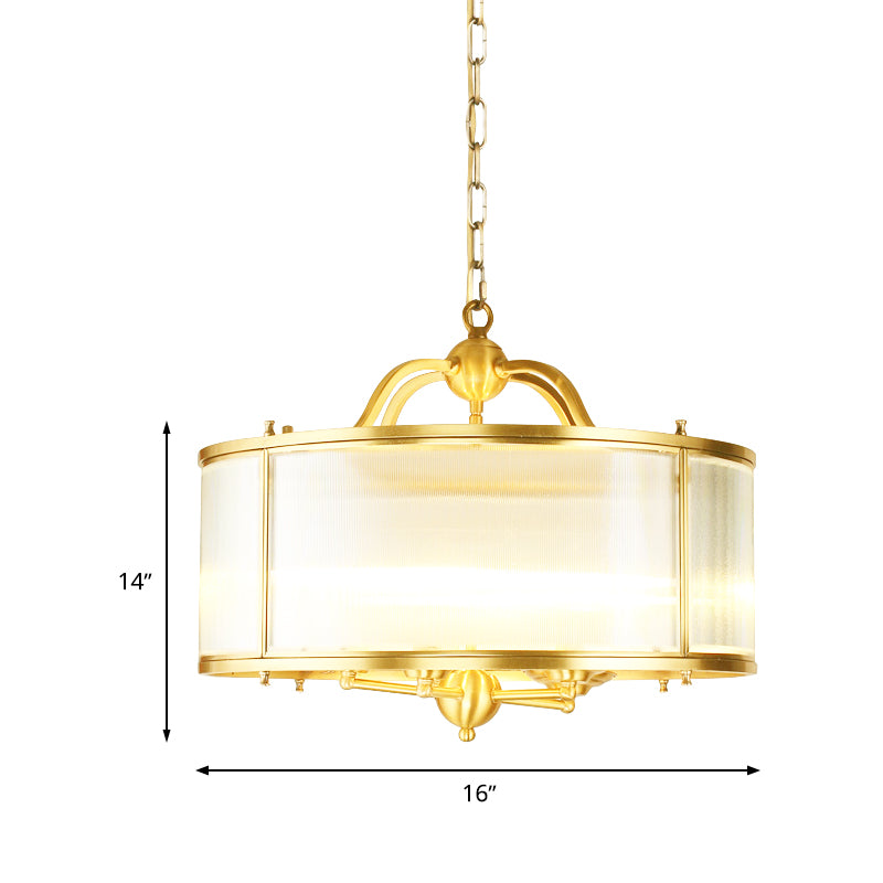 Drum Kitchen Ceiling Chandelier Colonial Frosted Ribbed Glass 4/5 Heads Gold Hanging Light Fixture Clearhalo 'Ceiling Lights' 'Chandeliers' 'Glass shade' 'Glass' Lighting' 284790