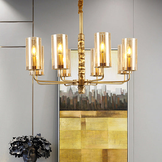 Gold 8 Heads Chandelier Lighting Colonialism Clear Glass Cylinder Pendant Ceiling Light Clear Clearhalo 'Ceiling Lights' 'Chandeliers' 'Glass shade' 'Glass' Lighting' 284791