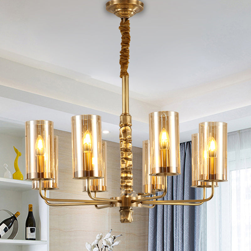 Gold 8 Heads Chandelier Lighting Colonialism Clear Glass Cylinder Pendant Ceiling Light Clearhalo 'Ceiling Lights' 'Chandeliers' 'Glass shade' 'Glass' Lighting' 284792