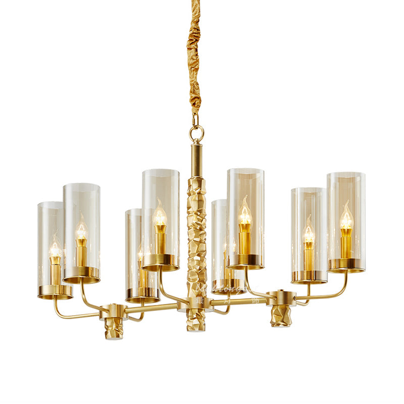 Gold 8 Heads Chandelier Lighting Colonialism Clear Glass Cylinder Pendant Ceiling Light Clearhalo 'Ceiling Lights' 'Chandeliers' 'Glass shade' 'Glass' Lighting' 284794