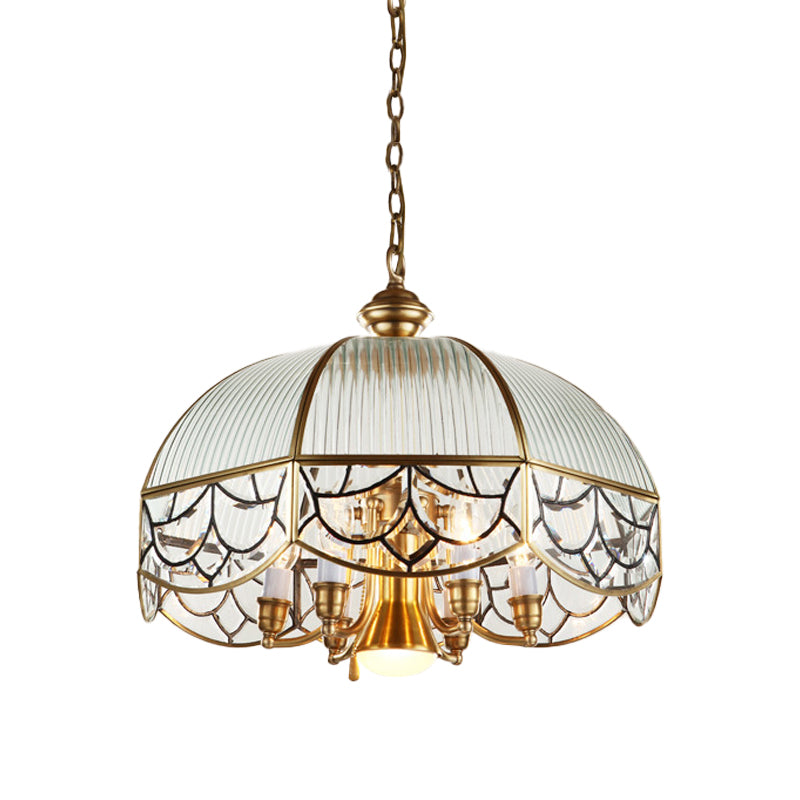 Colonial Scalloped Hanging Pendant 7 Heads Frosted Prismatic Glass Suspended Lighting Fixture in Brass Clearhalo 'Ceiling Lights' 'Chandeliers' 'Glass shade' 'Glass' Lighting' 284810