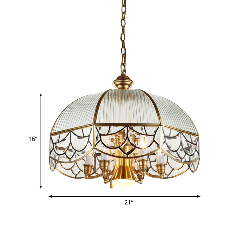 Colonial Scalloped Hanging Pendant 7 Heads Frosted Prismatic Glass Suspended Lighting Fixture in Brass Clearhalo 'Ceiling Lights' 'Chandeliers' 'Glass shade' 'Glass' Lighting' 284811