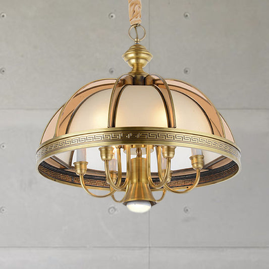 7 Bulbs Bowl Hanging Chandelier Colonial Brass Frosted Glass Ceiling Suspension Lamp for Kitchen, 16.5"/20.5" Wide Clearhalo 'Ceiling Lights' 'Chandeliers' 'Glass shade' 'Glass' Lighting' 284814