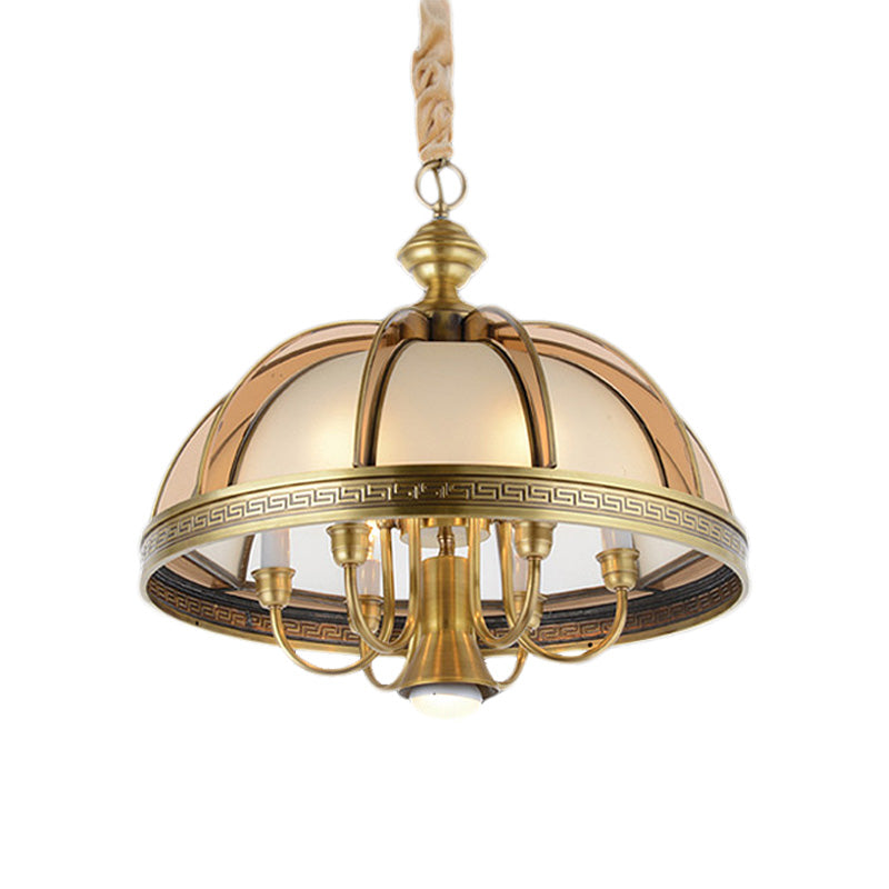 7 Bulbs Bowl Hanging Chandelier Colonial Brass Frosted Glass Ceiling Suspension Lamp for Kitchen, 16.5"/20.5" Wide Clearhalo 'Ceiling Lights' 'Chandeliers' 'Glass shade' 'Glass' Lighting' 284816