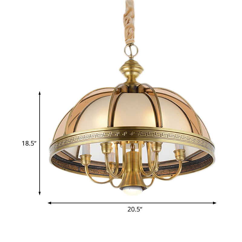 7 Bulbs Bowl Hanging Chandelier Colonial Brass Frosted Glass Ceiling Suspension Lamp for Kitchen, 16.5"/20.5" Wide Clearhalo 'Ceiling Lights' 'Chandeliers' 'Glass shade' 'Glass' Lighting' 284818