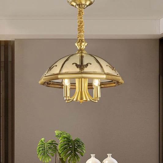 5 Bulbs Sandblasted Glass Chandelier Colonial Brass Dome Bedroom Pendant Lighting Fixture Brass Clearhalo 'Ceiling Lights' 'Chandeliers' 'Glass shade' 'Glass' Lighting' 284819