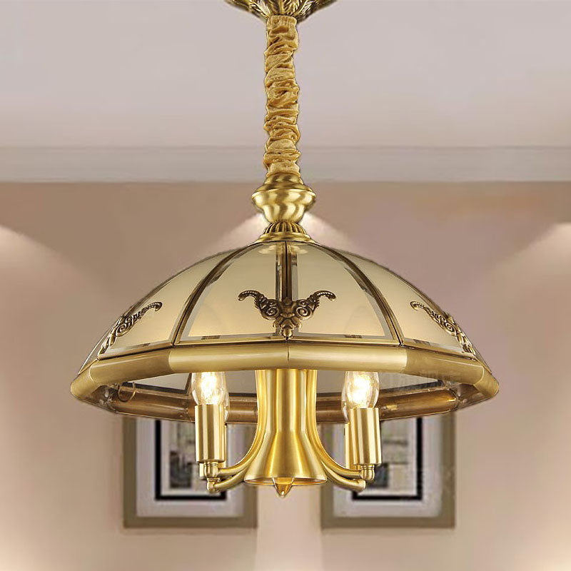 5 Bulbs Sandblasted Glass Chandelier Colonial Brass Dome Bedroom Pendant Lighting Fixture Clearhalo 'Ceiling Lights' 'Chandeliers' 'Glass shade' 'Glass' Lighting' 284820