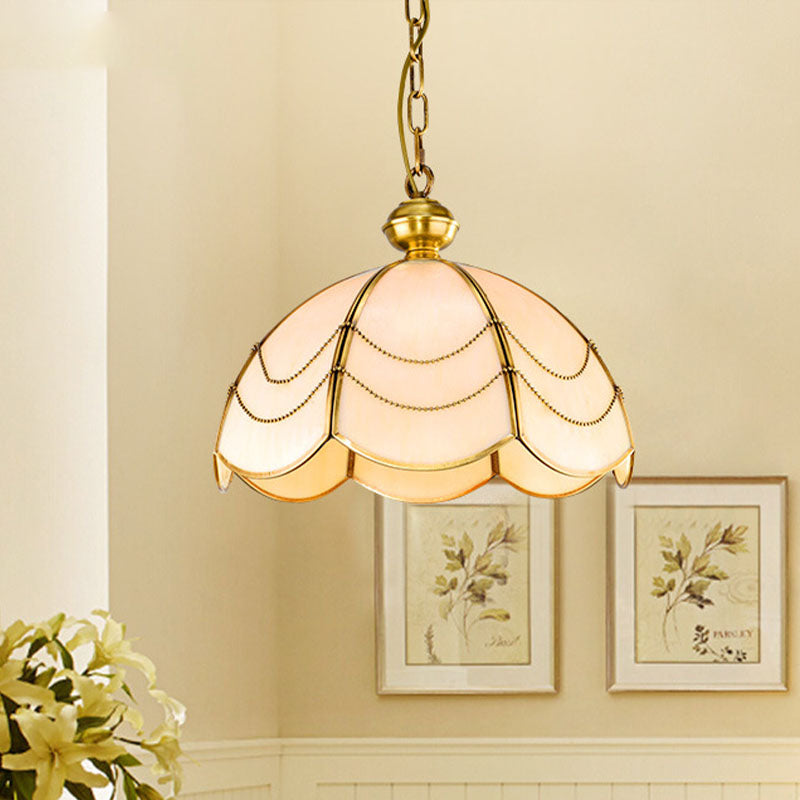 Scalloped White Glass Chandelier Light Colonialist 3 Bulbs Dining Room Pendant Lamp Clearhalo 'Ceiling Lights' 'Chandeliers' 'Glass shade' 'Glass' Lighting' 284826